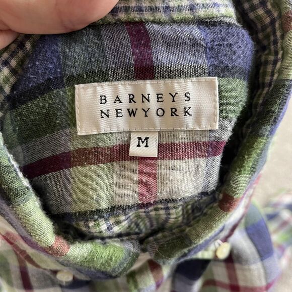 Barneys New York Shirt Mens Medium Green Blue Plaid Button Down Collar Cotton - Picture 7 of 8